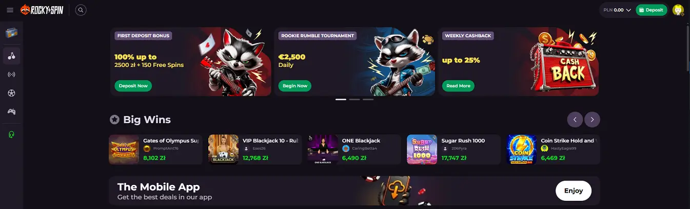 Rockyspin Casino Hlavní menu